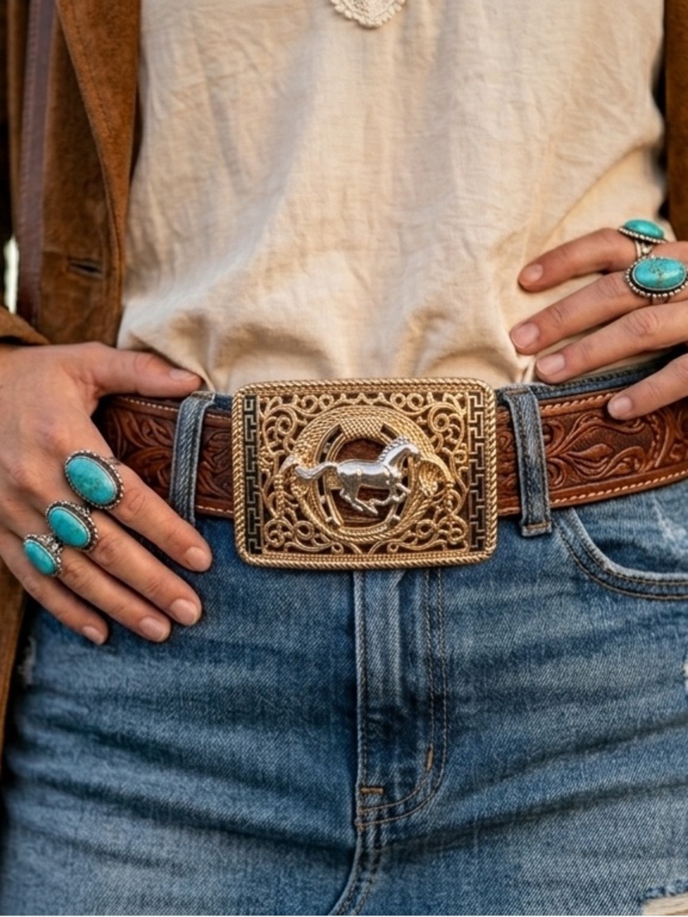 Gold Horse Western Belt Buckle